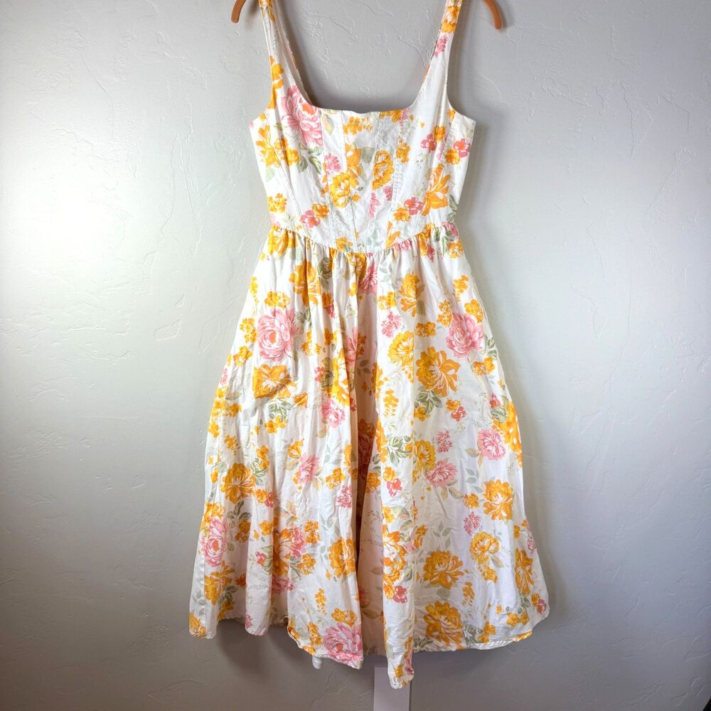 WAYF Desi Corset Midi Dress XS Orange Yellow Pink Floral Cotton Blend Lined